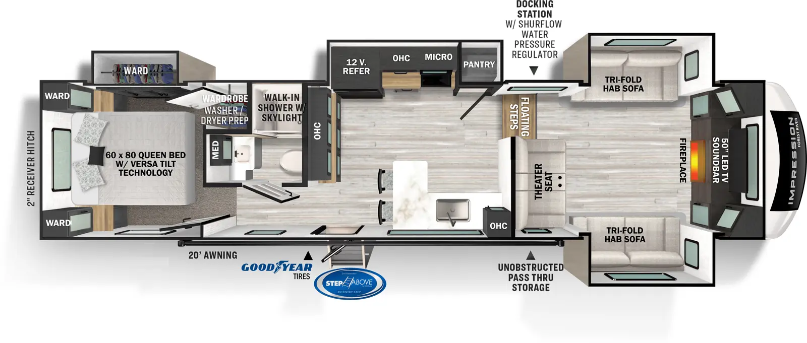 The 320FL has four slideouts and one entry. Exterior features 20 foot awning, unobstructed pass-thru storage, docking station with shurflow water pressure regulator, goodyear tires, MORryde Step Above Entry Steps, and two inch receiver hitch. Interior layout front to back: front living room with front entertainment center with TV, Soundbar and fireplace below, opposing tri-fold hide-a-bed sofa slideouts and theater seat on inner wall opposite TV; floating steps down to kitchen; off-door side slideout with pantry, microwave, cooktop, oven, overhead cabinets and 12 volt refrigerator; door side overhead cabinet and counter with sink and two chairs; kitchen storage along interior wall; entry door; off-door side aisle bathroom with walk-in shower with skylight and medicine cabinet; rear bedroom with wardrobe with washer/dryer prep, off-door side wardrobe slideout, and rear queen bed with wardrobes on either side.